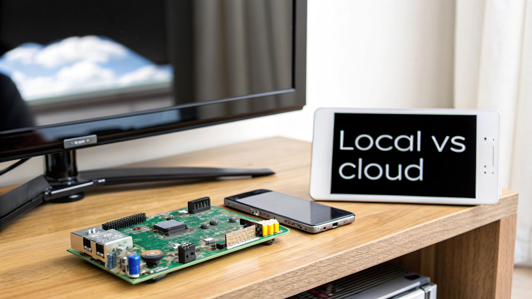 Circuit board and smartphone on desk with local versus cloud computing display screen