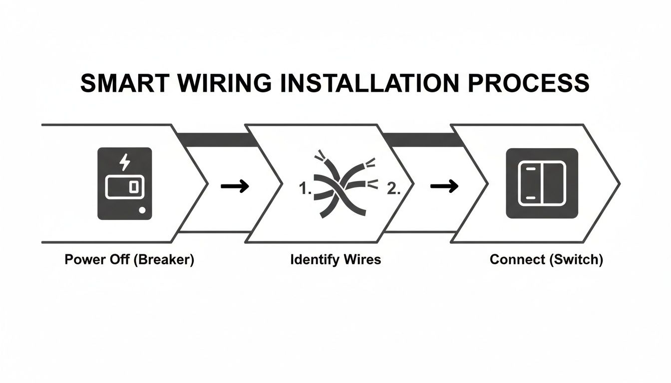 A flowchart illustrates the smart wiring installation process with steps for power off, wire identification, and switch connection.