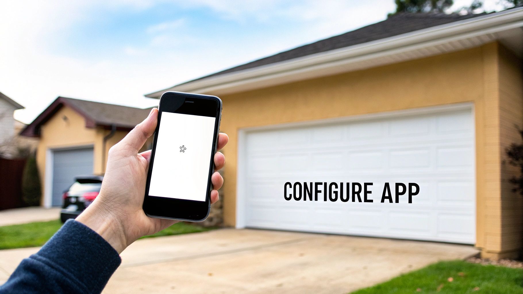 A smartphone displaying the myQ app interface for smart garage control.