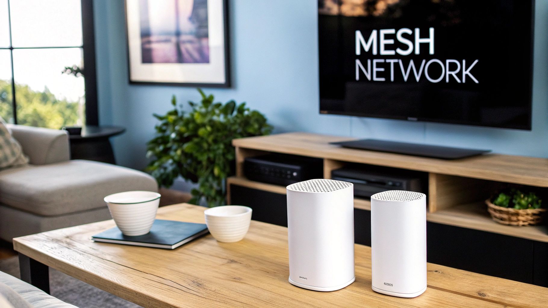 A modern mesh Wi-Fi router system placed on a shelf in a stylish home.