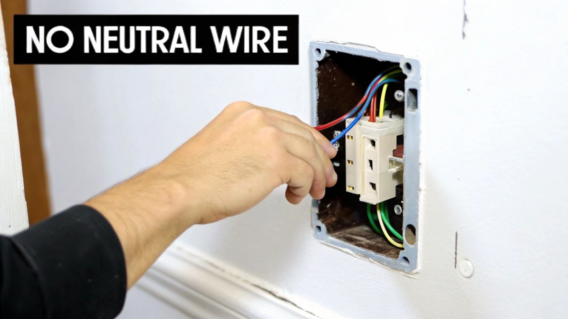 Close-up of a hand installing colorful electrical wiring into a wall switch, highlighting no neutral wire.