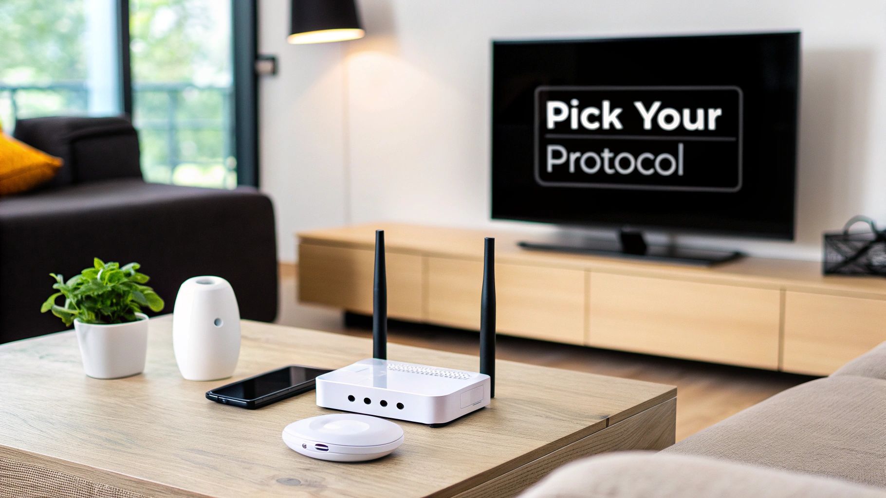 Smart home devices including a router and hub on a coffee table with a TV displaying 'Pick Your Protocol'.