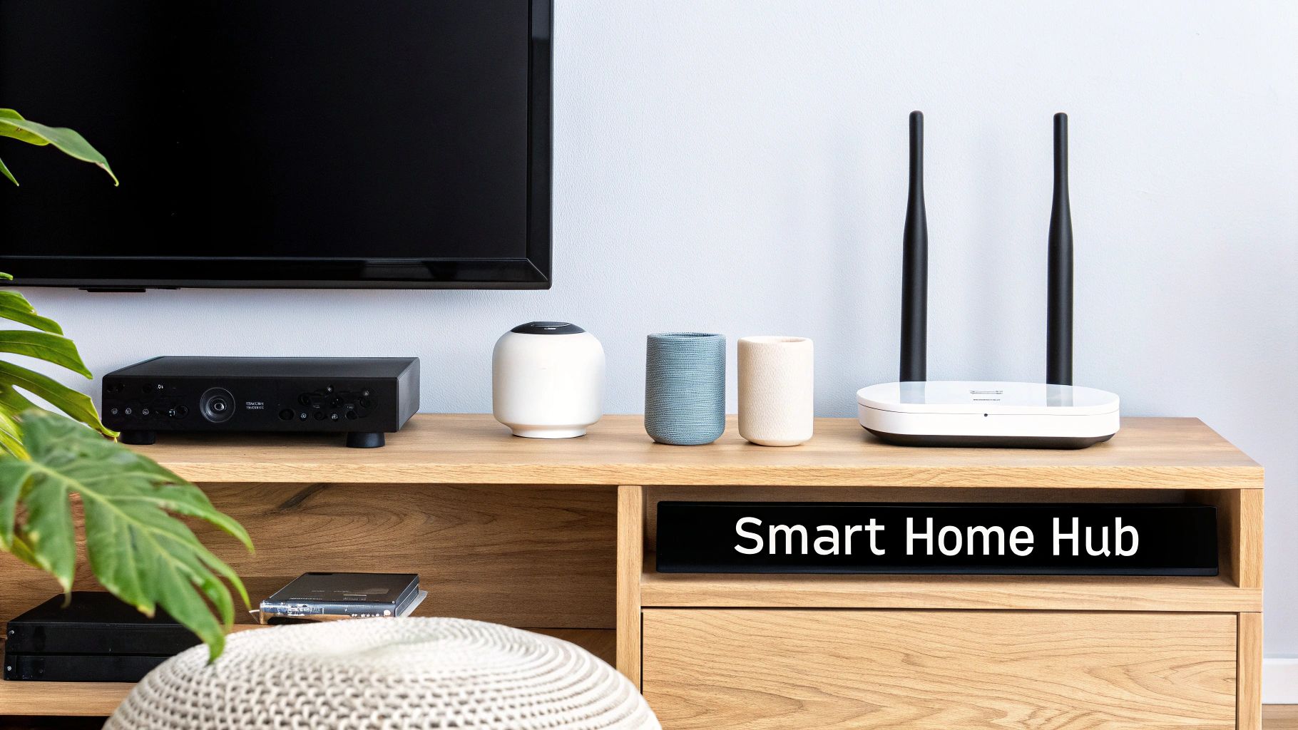 A modern smart home setup with a TV, sound system, smart devices, and a Wi-Fi router on a wooden cabinet.