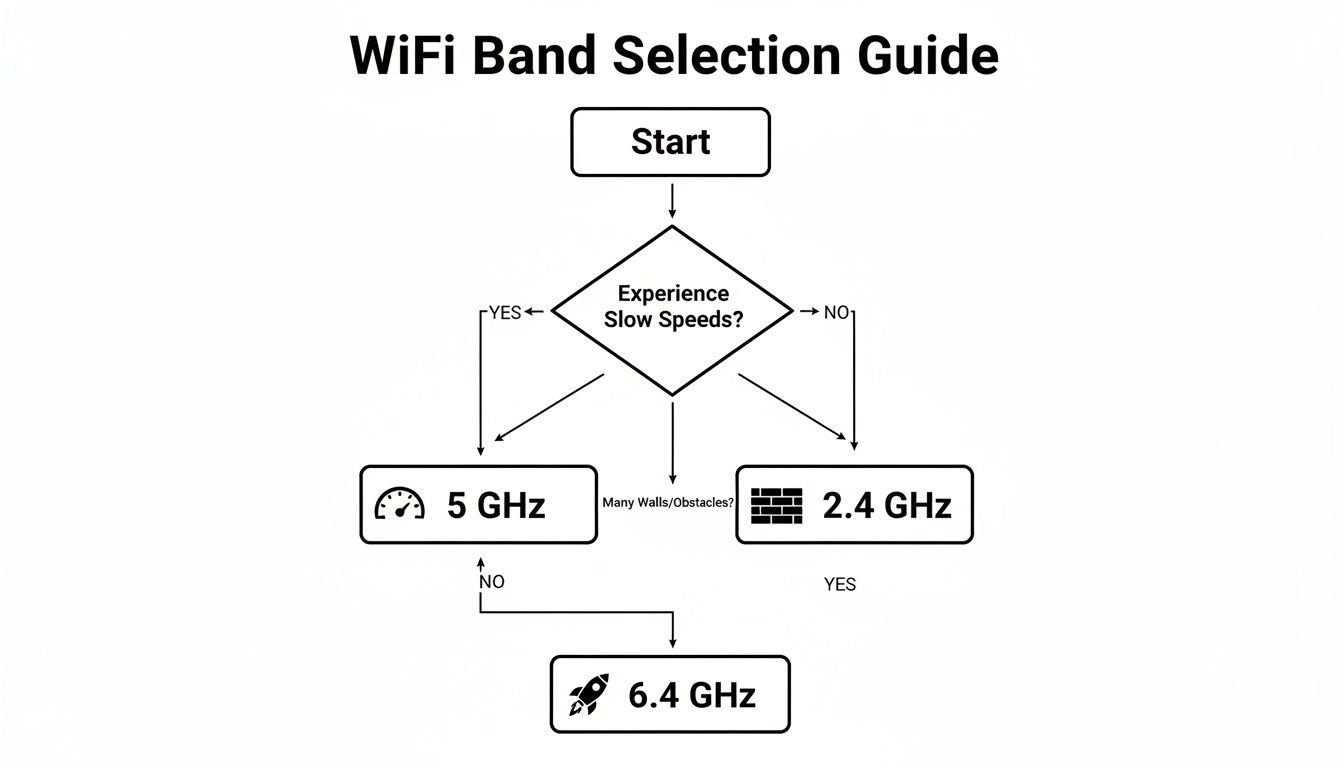 Flowchart for selecting the optimal WiFi band (2.4, 5, or 6.4 GHz) based on speed and obstacles.