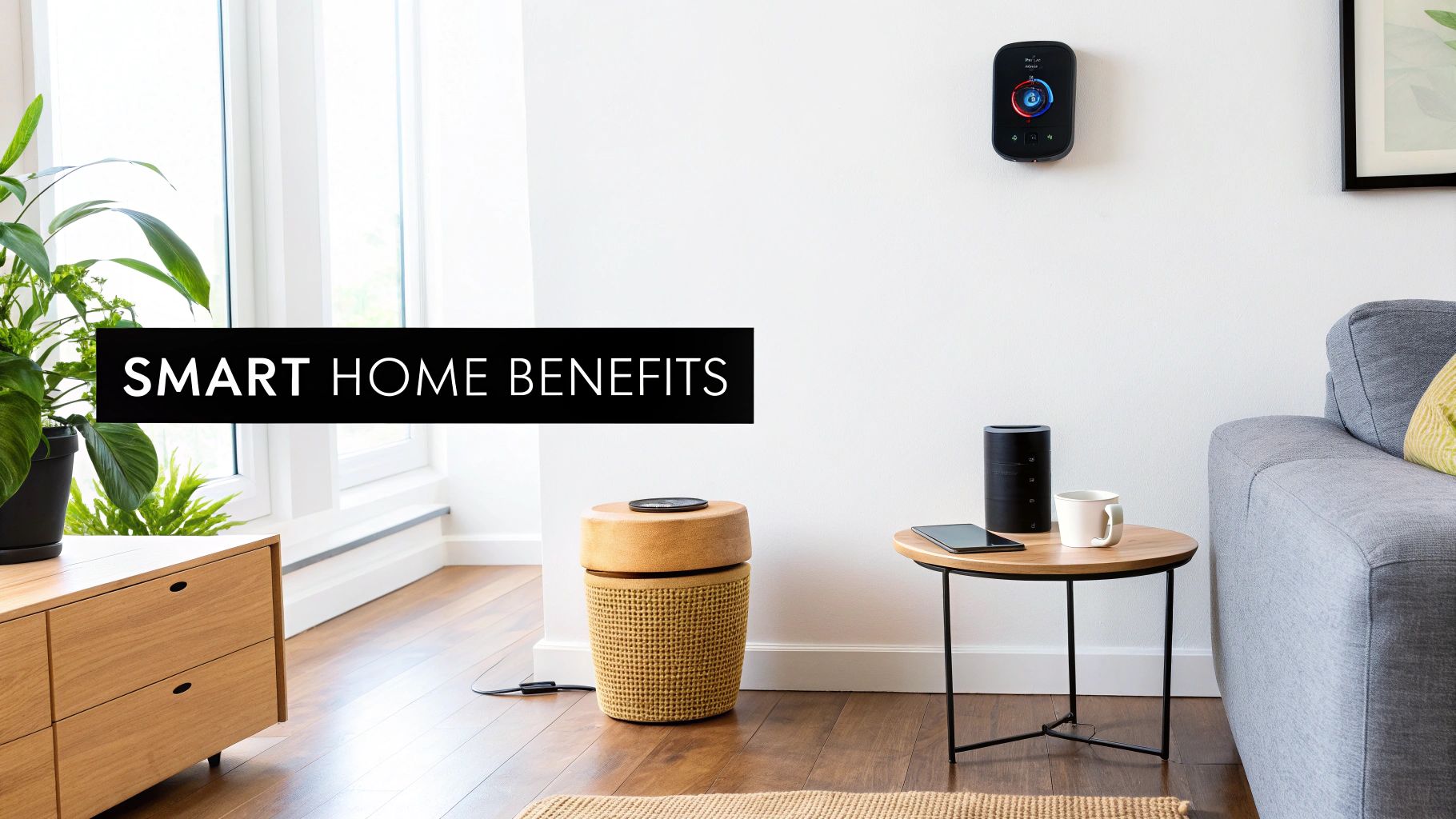 Various smart home devices, including a thermostat and speaker, arranged in a modern living room.