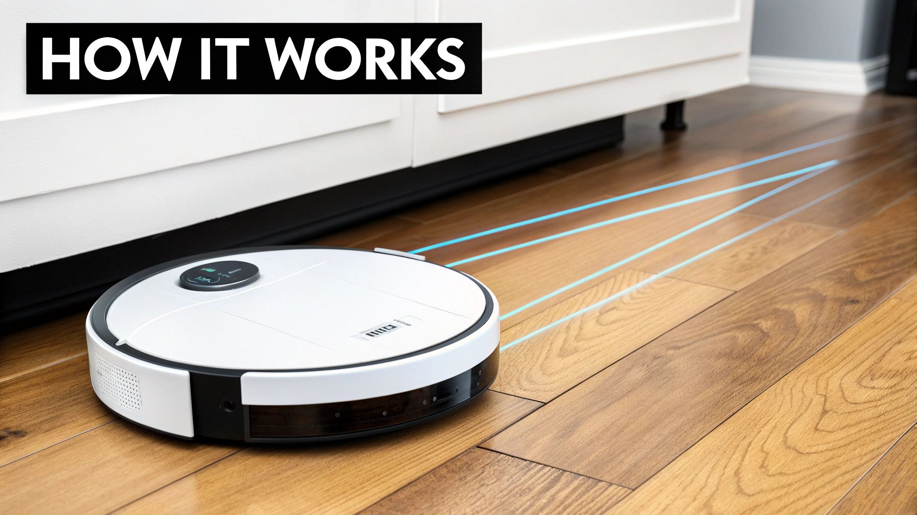 A white robot vacuum cleaner on a wooden floor, showing blue lines representing its cleaning path.