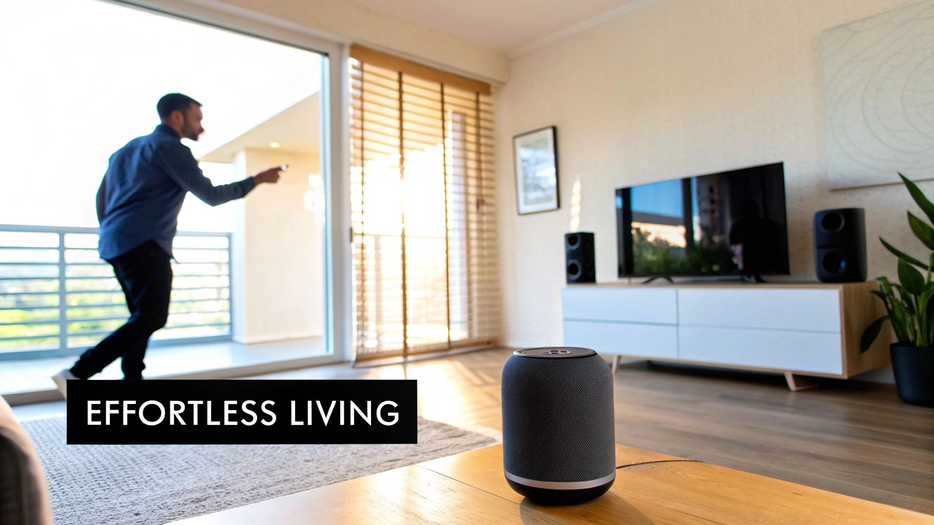 A man interacts with a smart device in a modern living room with a smart speaker.