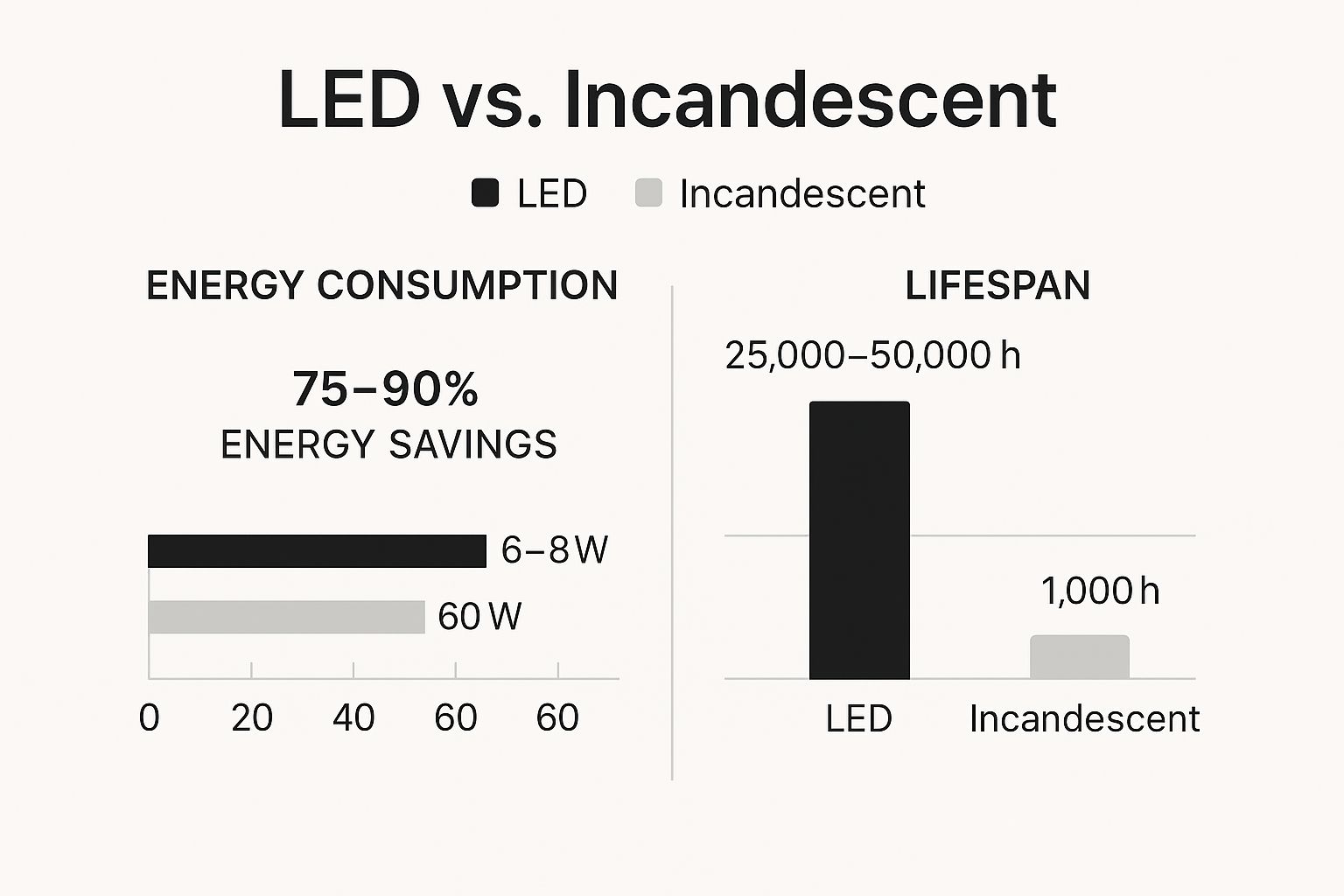 Infographic showing a side-by-side comparison of LED and incandescent bulbs' energy consumption and lifespan