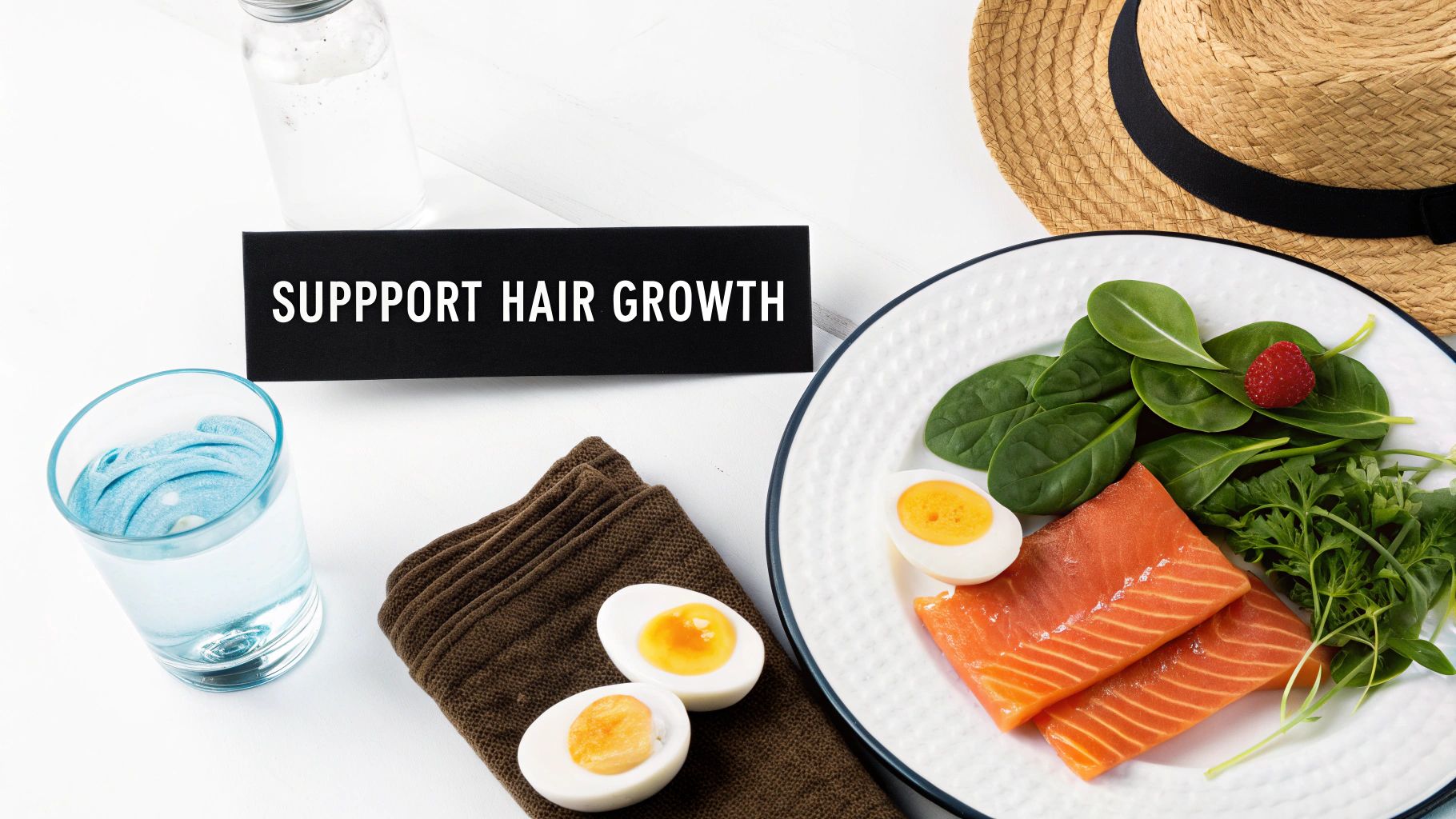Healthy food items like salmon, eggs, spinach, and water on a white table with a 'SUPPORT HAIR GROWTH' sign.