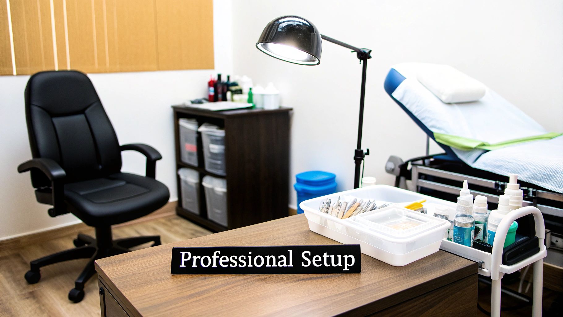 A clean professional setup for scalp micropigmentation, featuring a client chair, treatment bed, and tools.