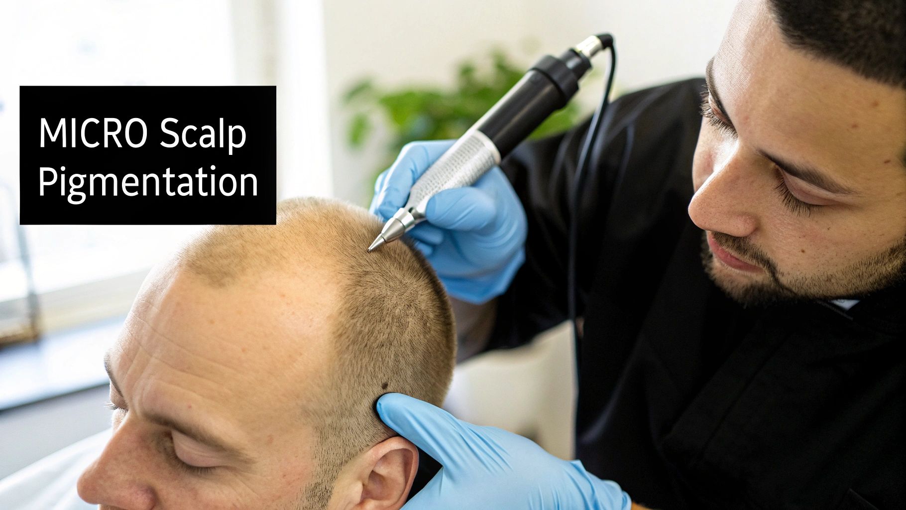 A technician wearing blue gloves performs micro scalp pigmentation on a client's head with a tool.