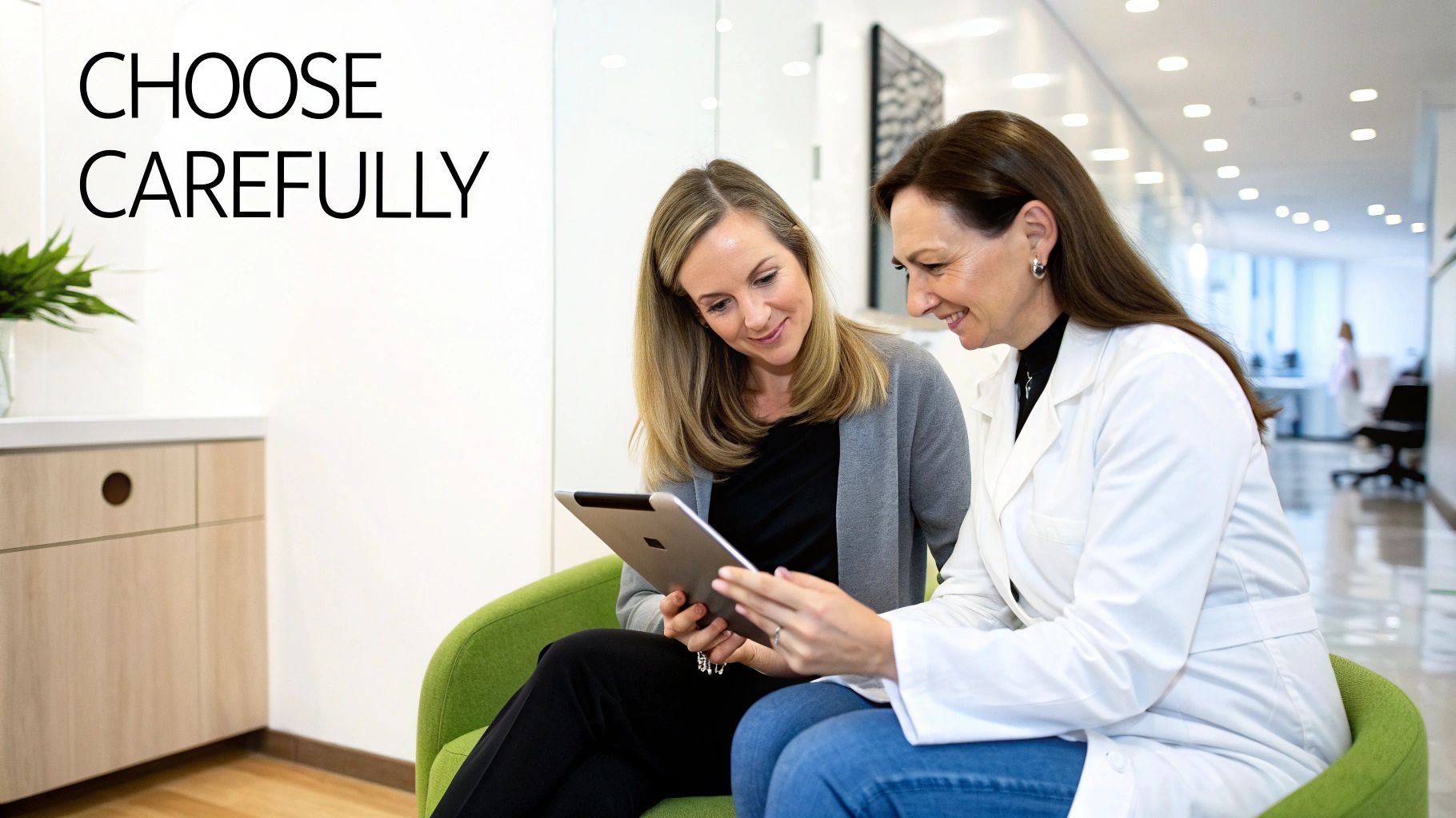 Two women, one in a lab coat, looking at a tablet together and smiling in a clinic setting.