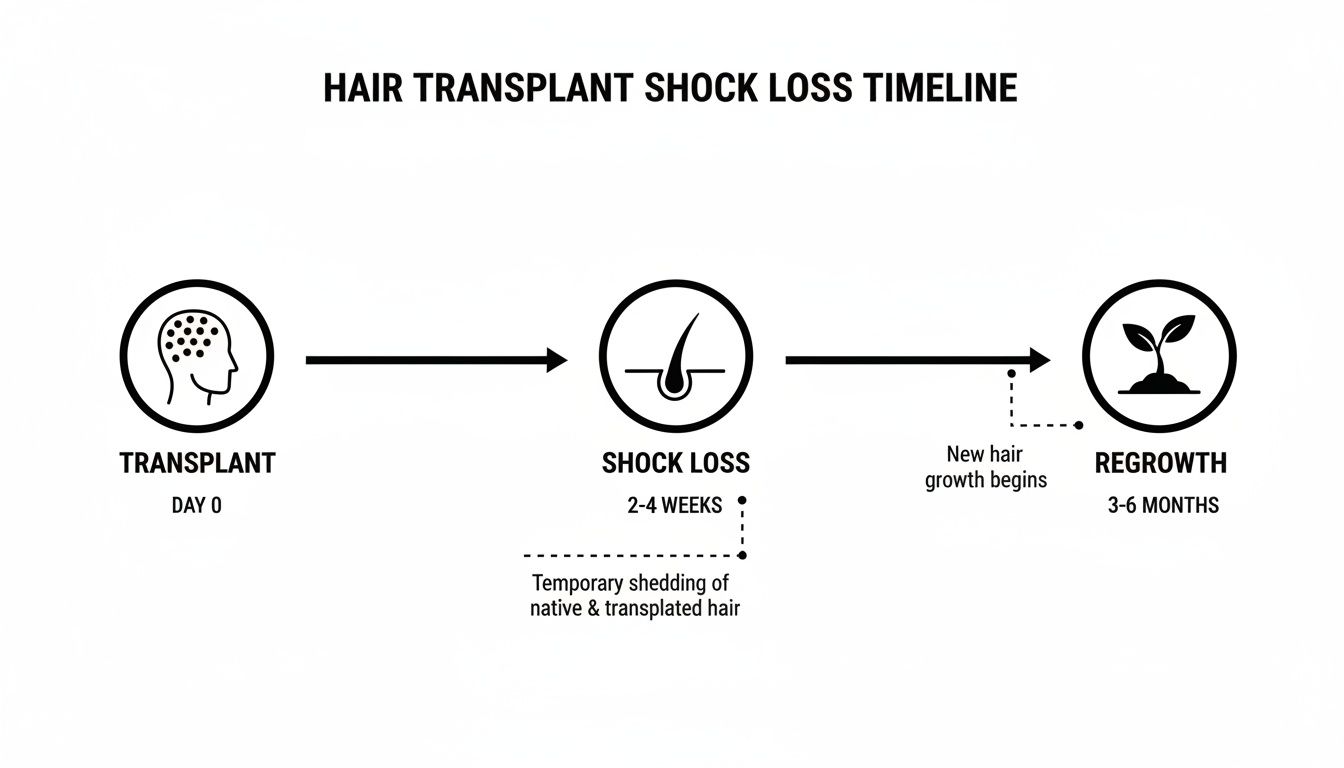 A timeline graphic depicting hair transplant shock loss stages: Transplant (Day 0), Shock Loss (2-4 weeks), and Regrowth (3-6 months).