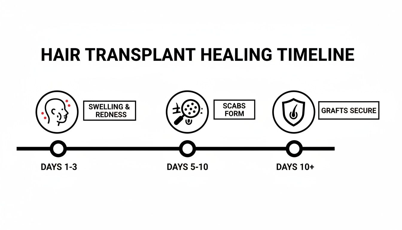 A hair transplant healing timeline graphic detailing recovery stages from swelling to secure grafts.