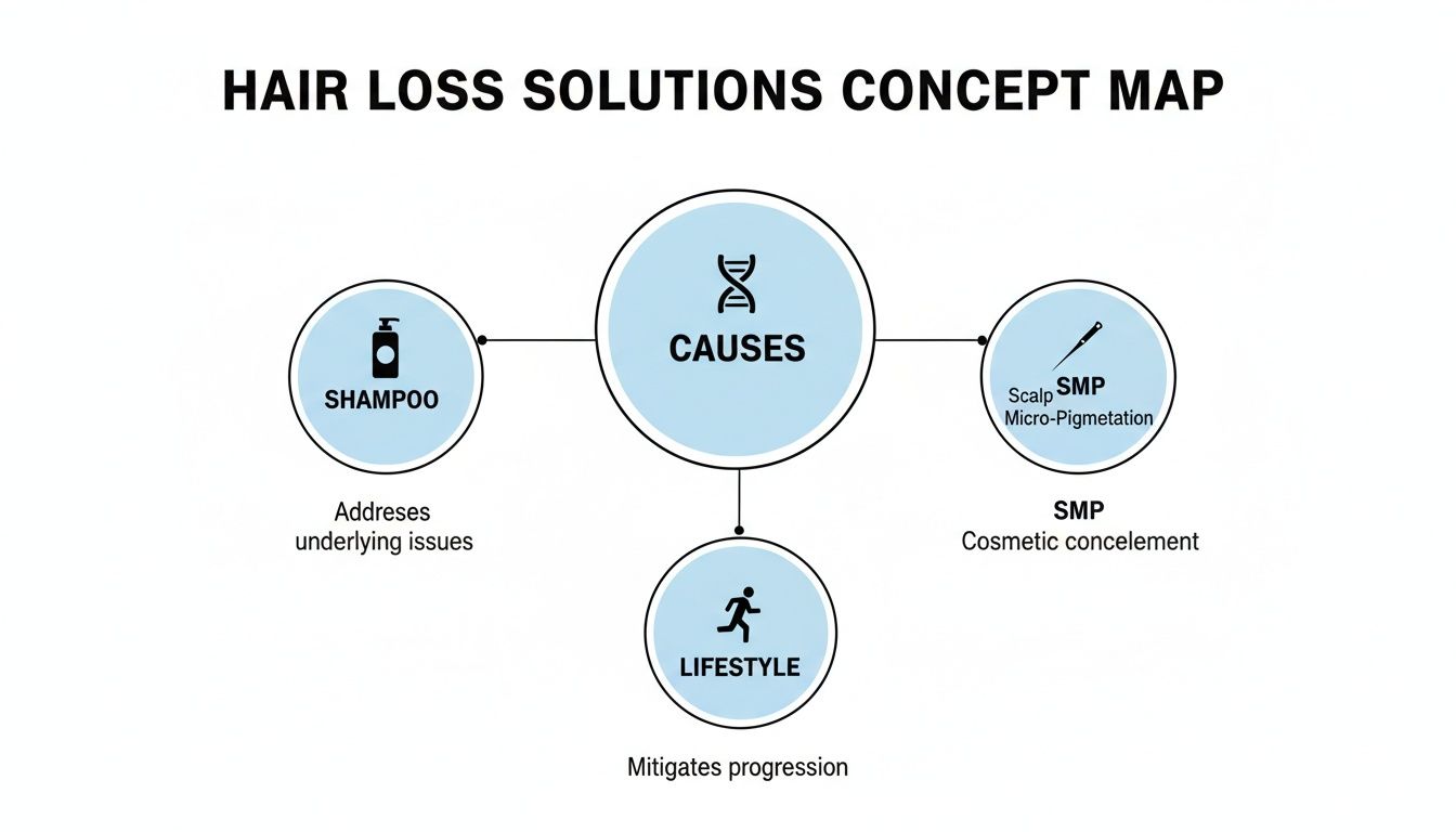 Concept map illustrating hair loss causes, and solutions like shampoo, SMP, and lifestyle changes.