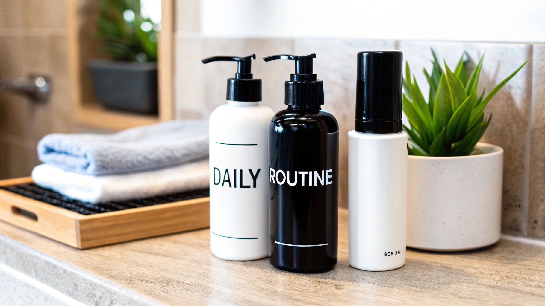 Three black and white bottles labeled 'DAILY ROUTINE' on a bathroom counter with towels and a plant.