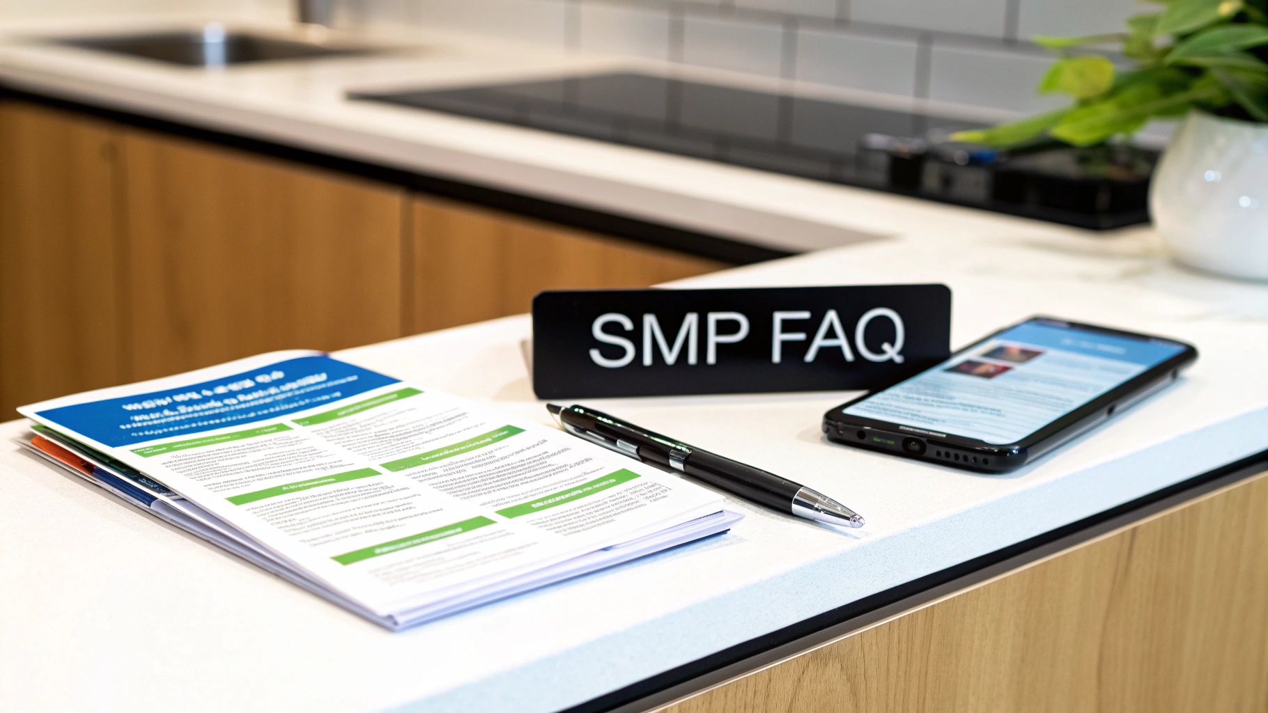 A modern desk with an 'SMP FAQ' sign, stacked brochures, a pen, and a smartphone.