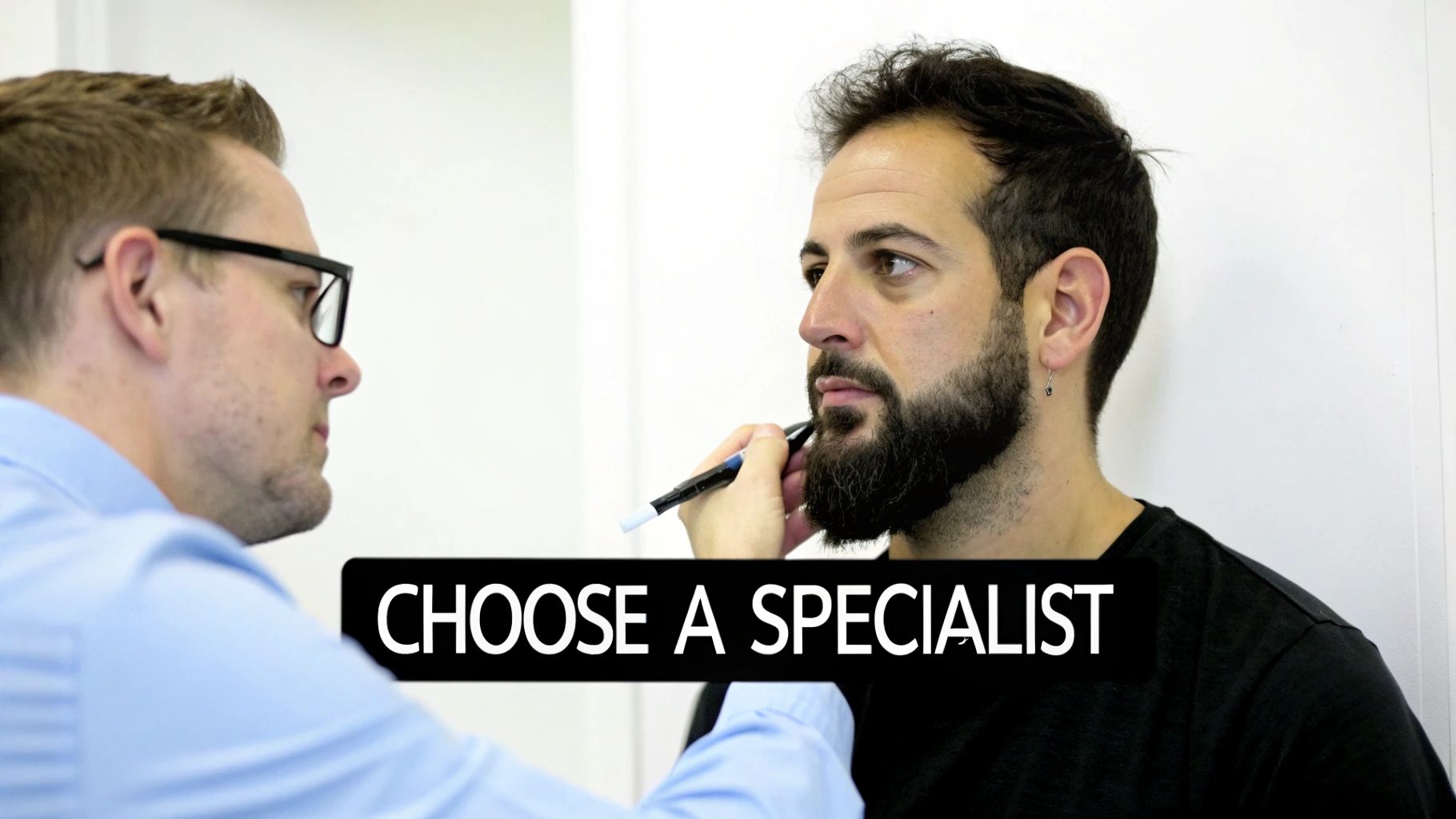 A specialist applies a tool to a man's beard, demonstrating a cosmetic procedure.