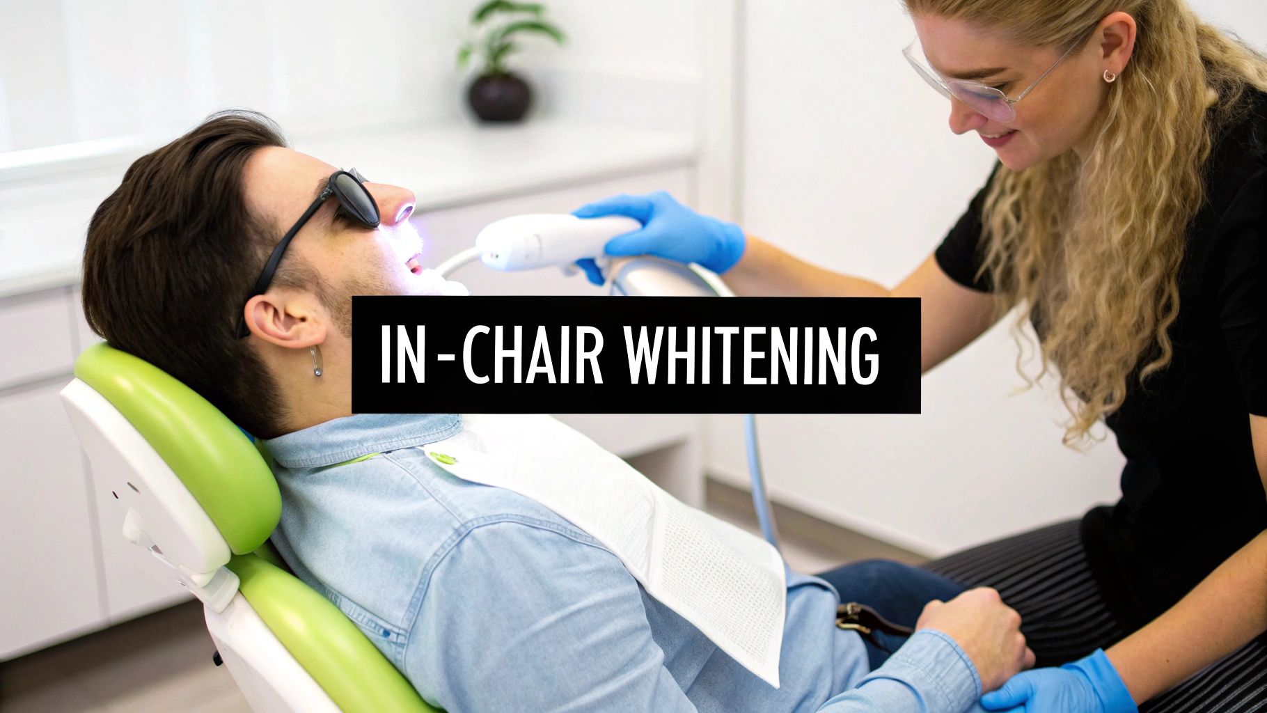A man in a dental chair receiving in-chair teeth whitening treatment from a dentist in a clinic.
