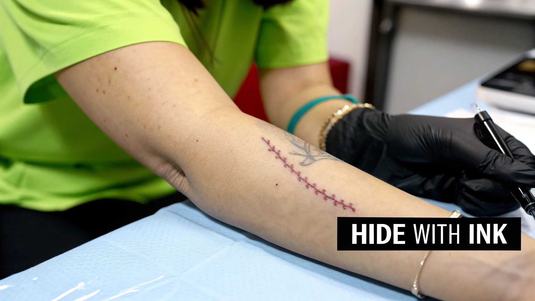 A person receives a decorative, vine-like tattoo in red ink to cover a scar on their forearm.
