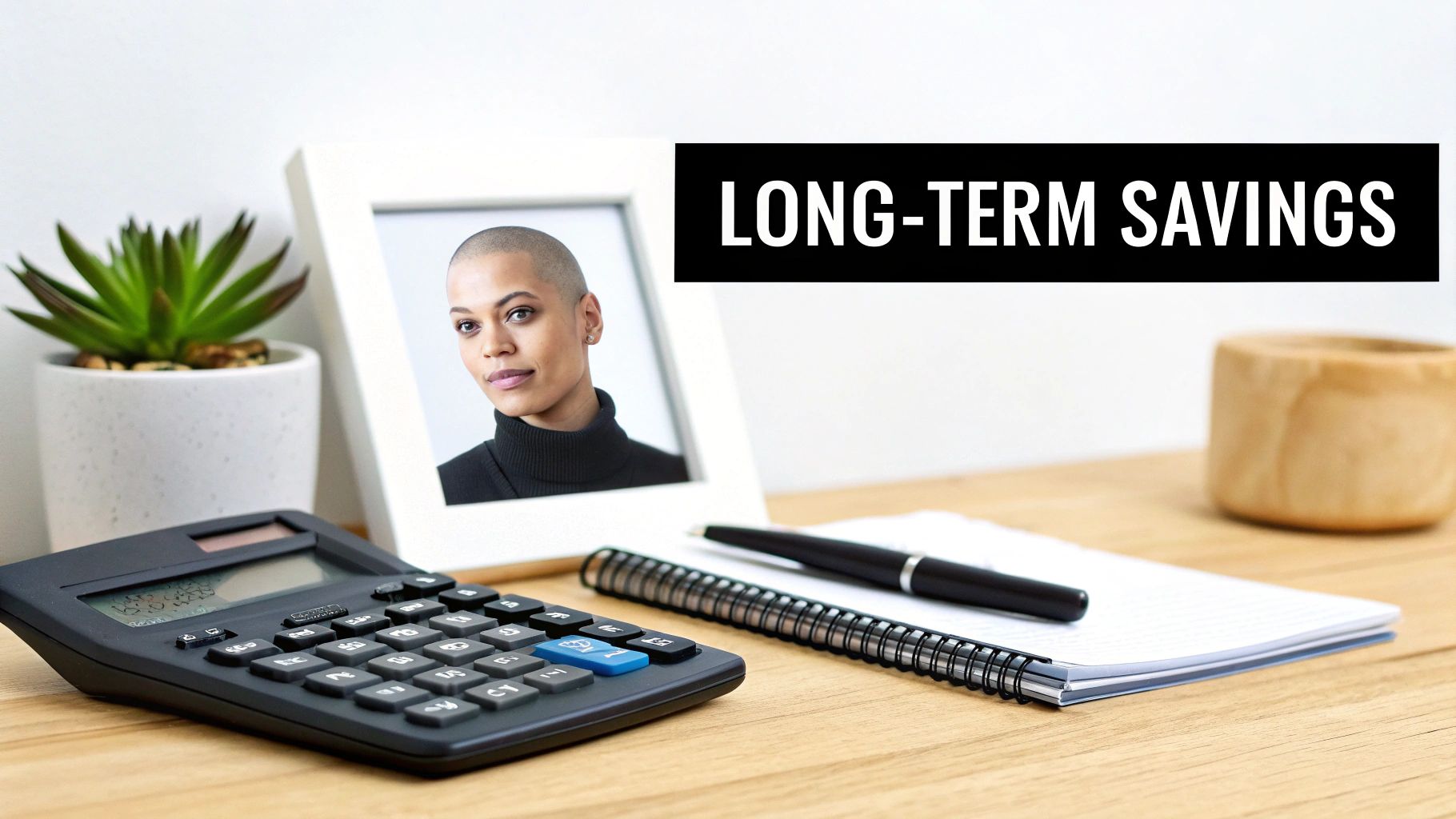 A calculator, a framed photo of a woman, a plant, and a notebook on a desk, with text 'LONG-TERM SAVINGS'.