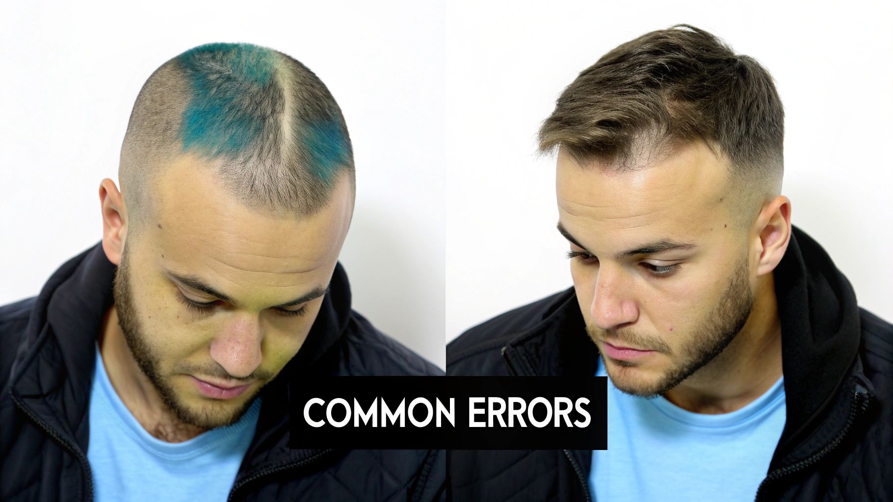 Comparison of scalp micropigmentation errors versus a successful, natural hair treatment.