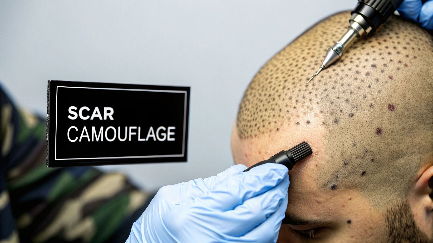 A close-up of scalp micropigmentation being applied to a hair transplant scar.