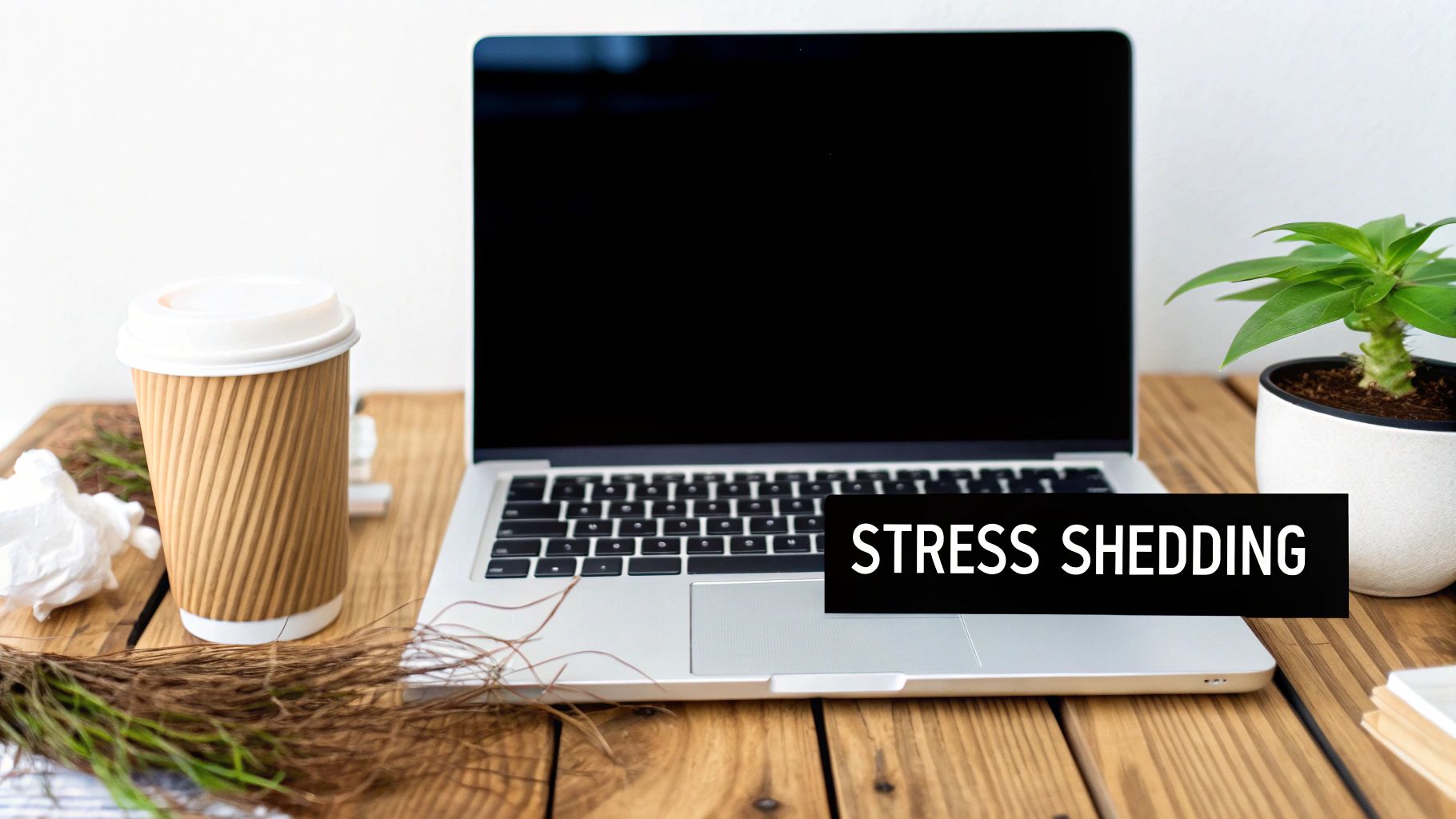 A workspace with a laptop, coffee cup, and plant on a wooden desk, overlaid with 'STRESS SHEDDING'.