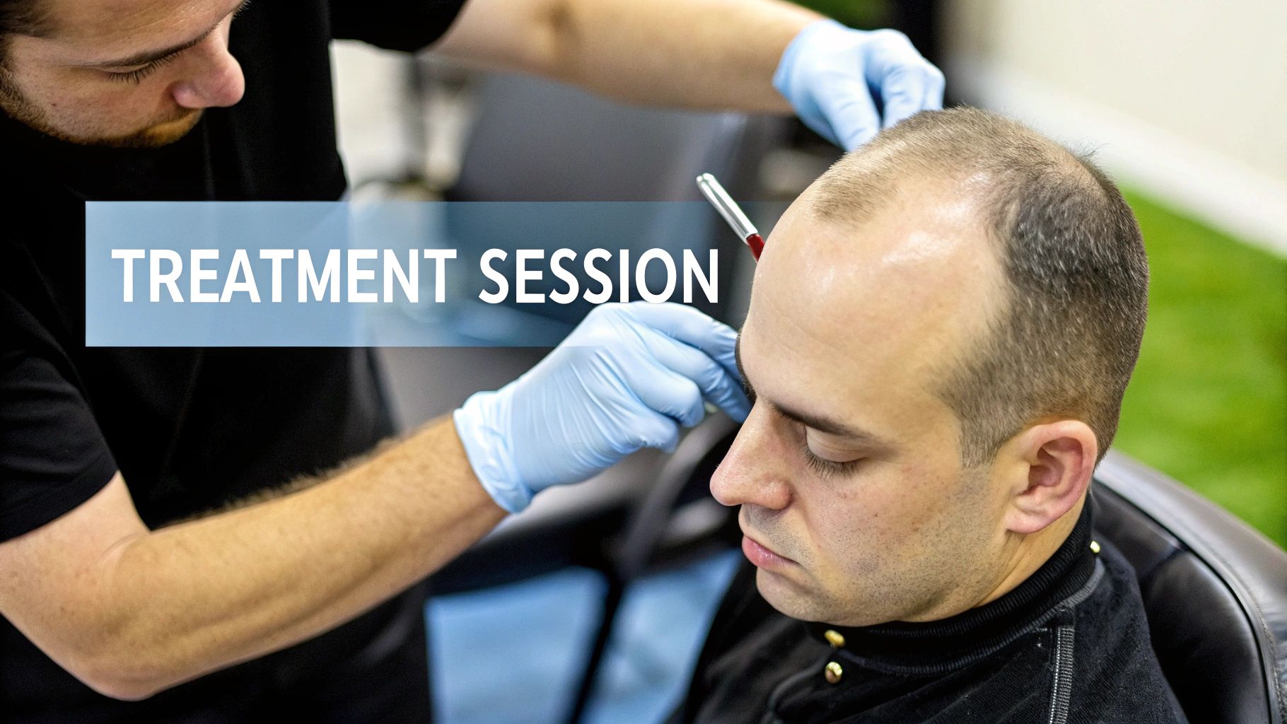A practitioner carefully applying pigment to a client's scalp during a hair tattoo session.
