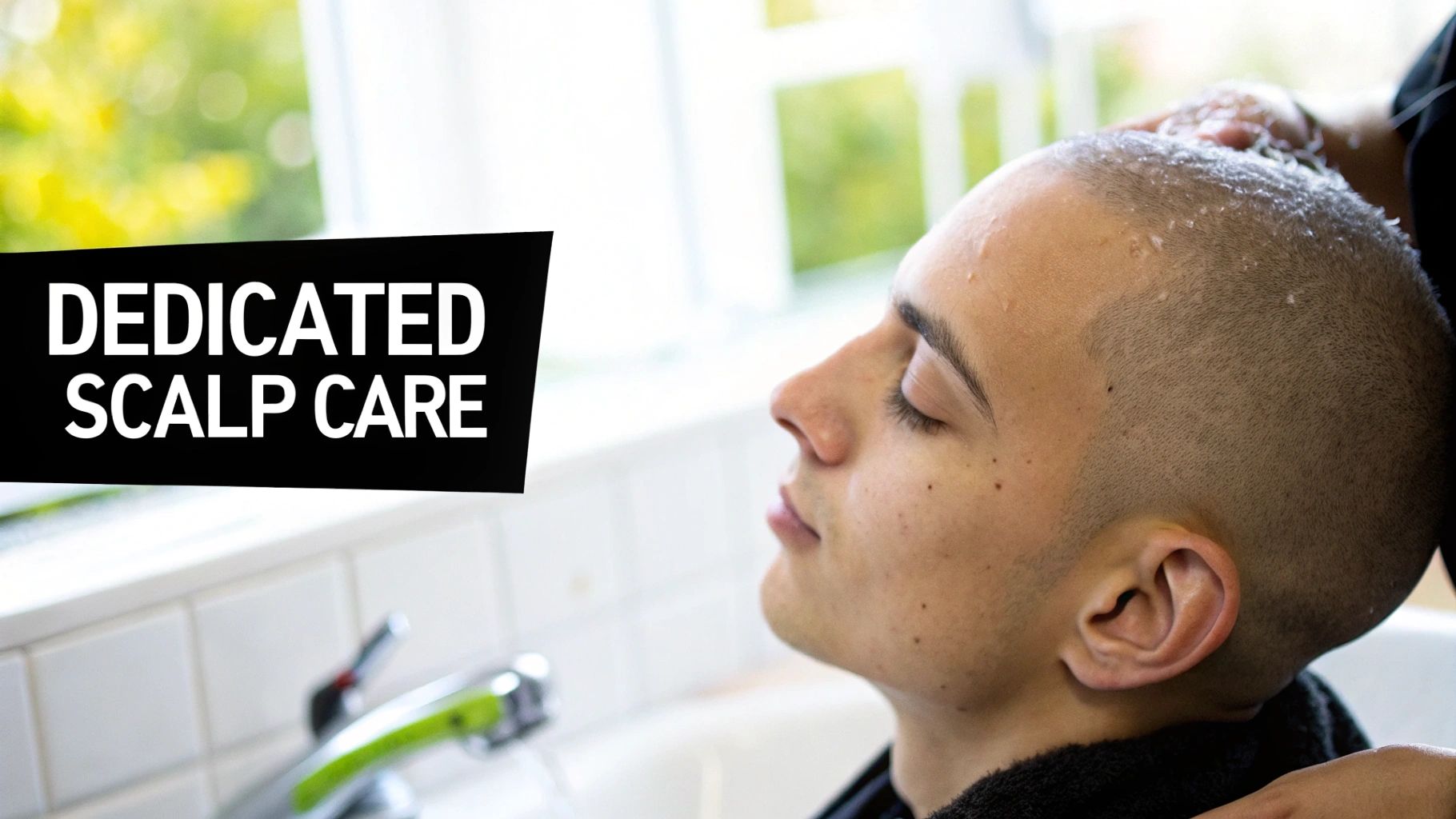 Close-up of a person with a bald head receiving a dedicated scalp care treatment.