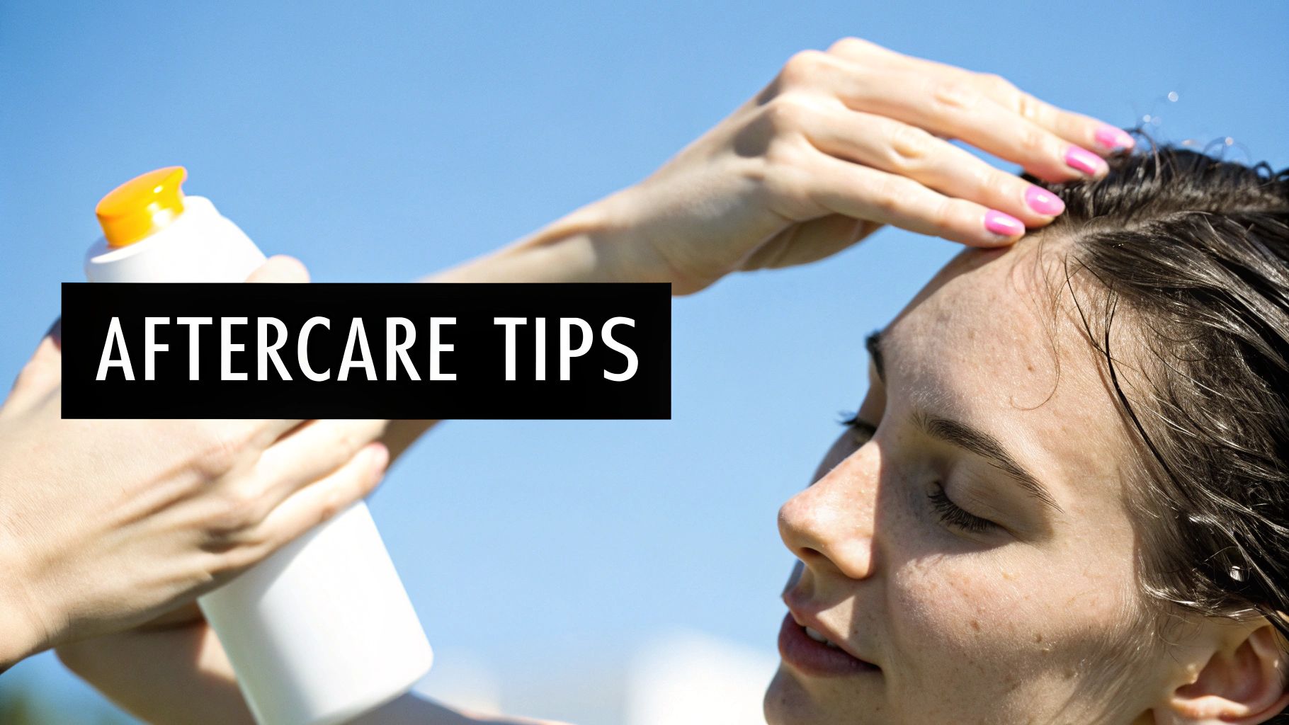 A person applying sunscreen to their scalp, highlighting the importance of sun protection for SMP.