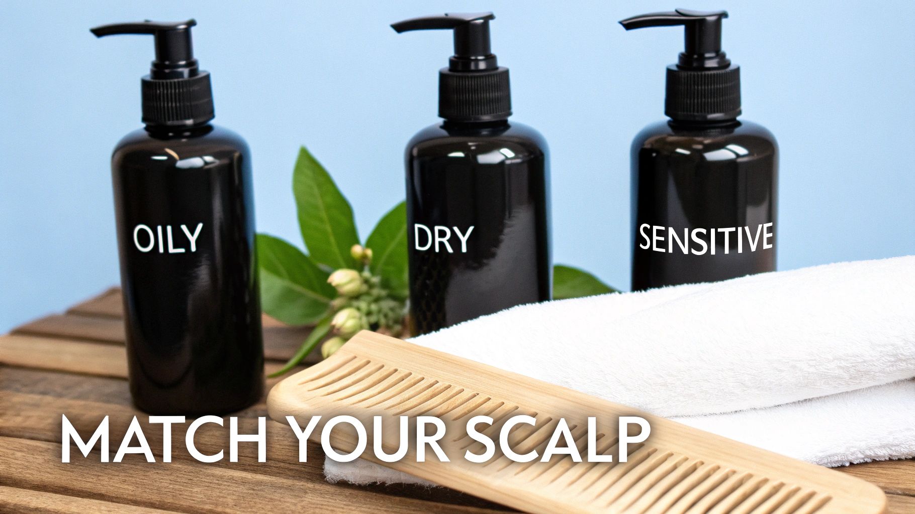 Three black pump bottles labeled OILY, DRY, SENSITIVE, with a comb and towel, for scalp care.