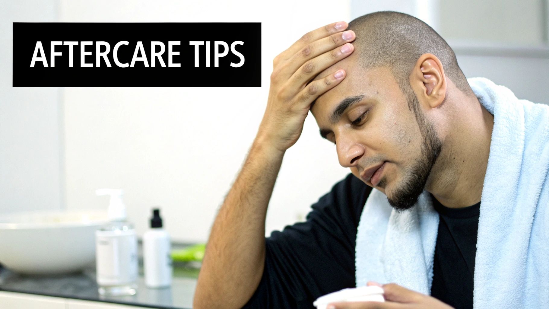 Man with shaved head and beard, contemplating aftercare, with 'AFTERCARE TIPS' text visible.