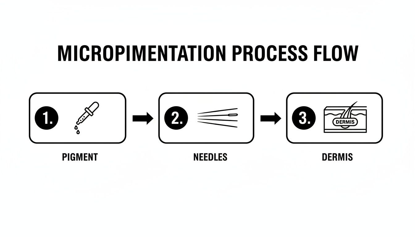 Diagram illustrating the micropigmentation process flow: pigment, needles, and injection into the dermis layer.
