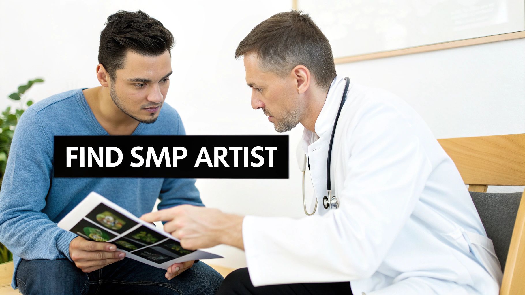 A doctor and a man discussing hair solutions, with 'FIND SMP ARTIST' text overlay.