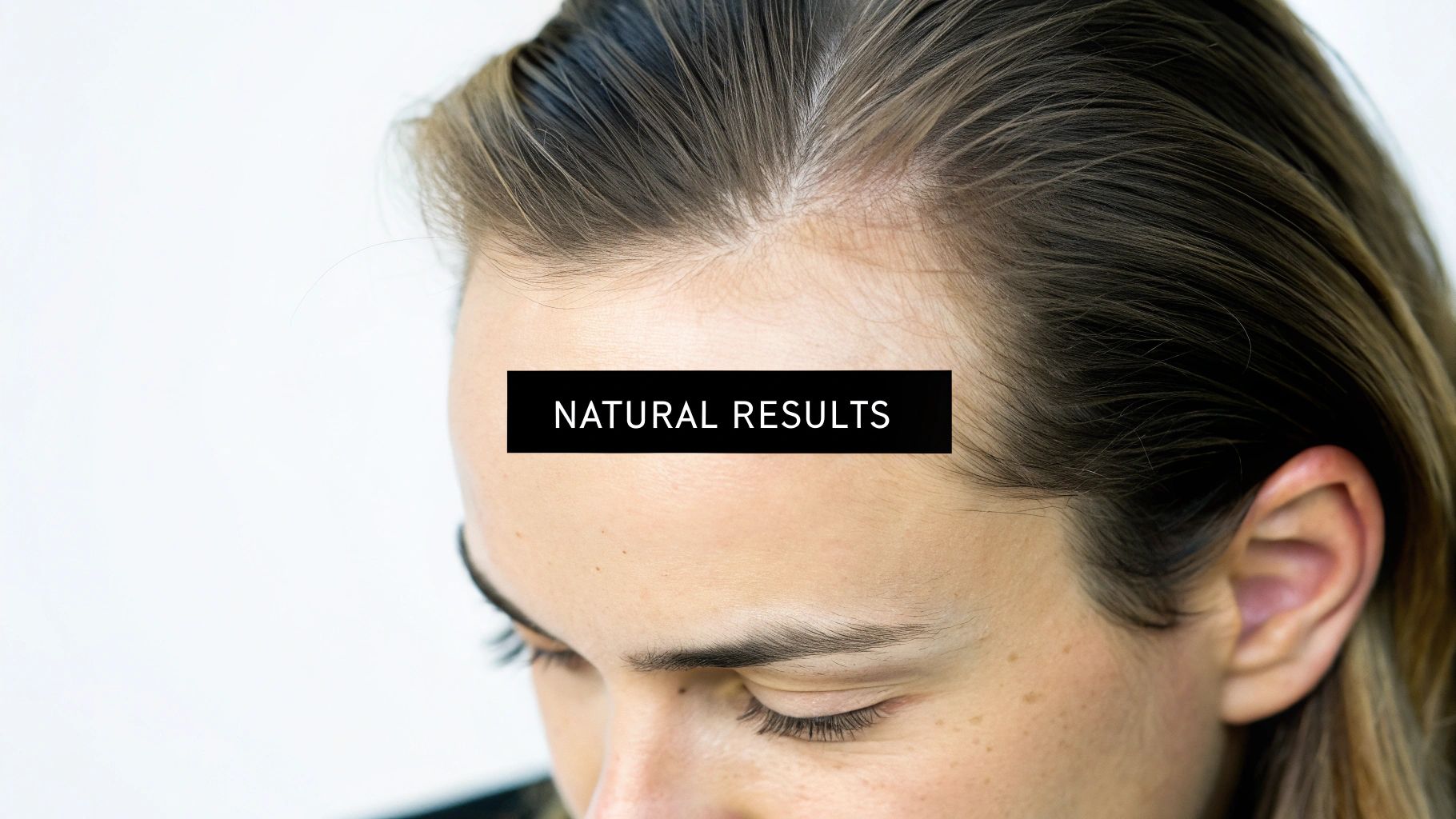 A person's forehead and scalp with "NATURAL RESULTS" text, highlighting natural-looking hair.