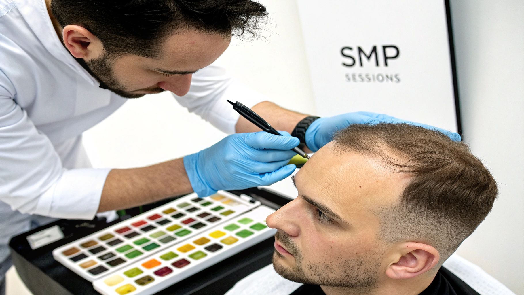 A scalp micropigmentation specialist carefully applying pigment to a client's scalp to conceal a scar.