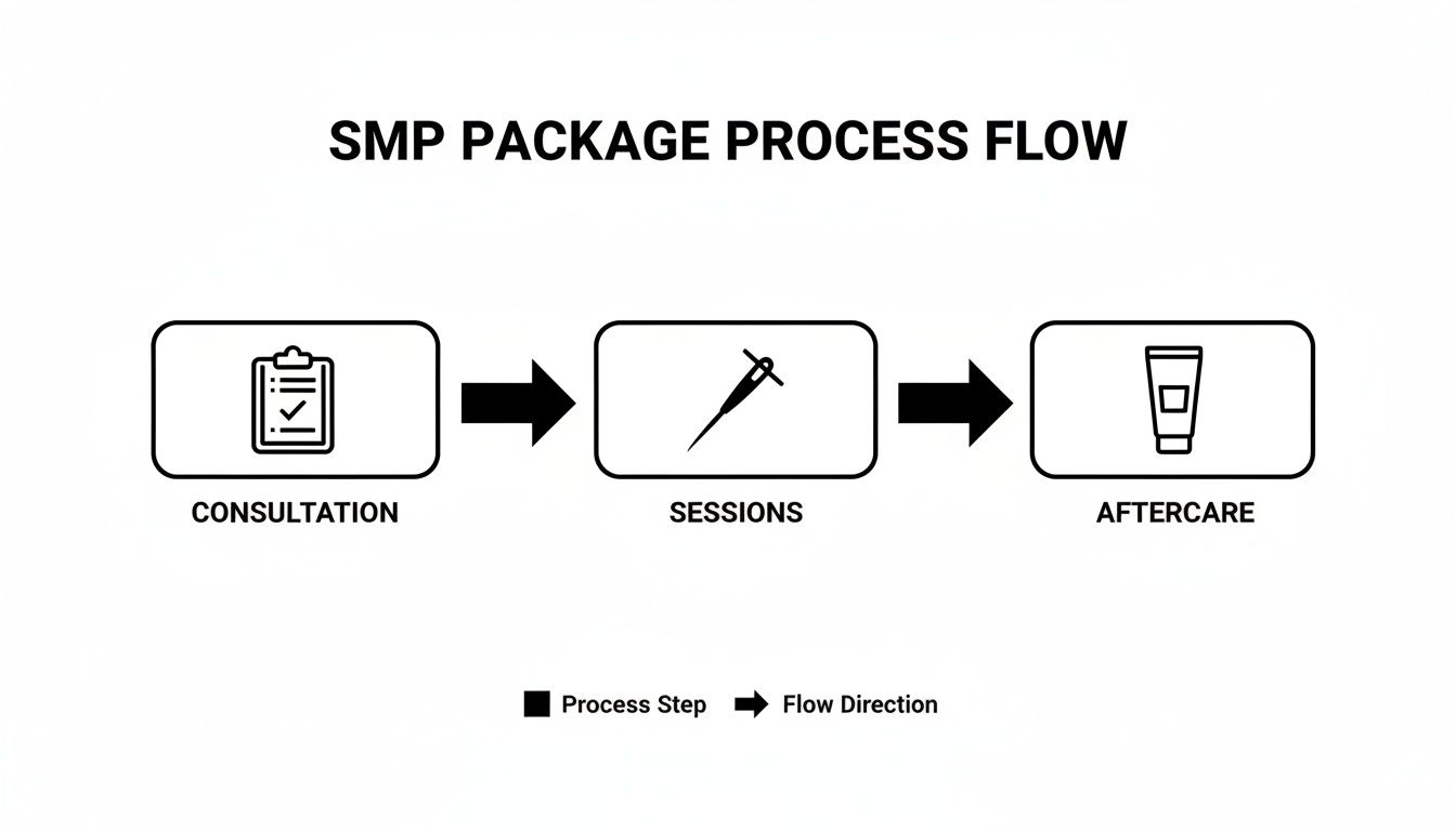 Flowchart detailing the SMP package process, including Consultation, Sessions, and Aftercare steps.