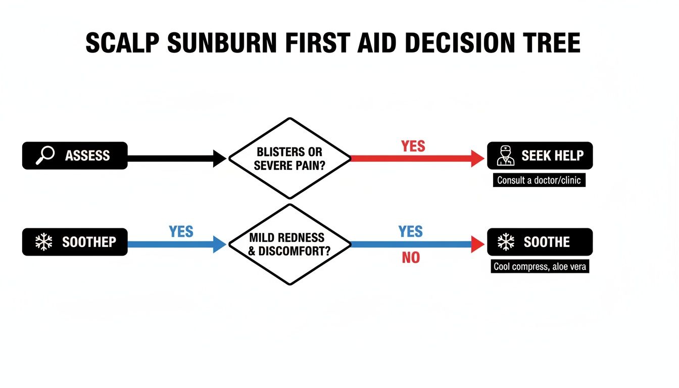 A flowchart for scalp sunburn first aid, guiding decisions based on symptoms like blisters, pain, or mild redness.
