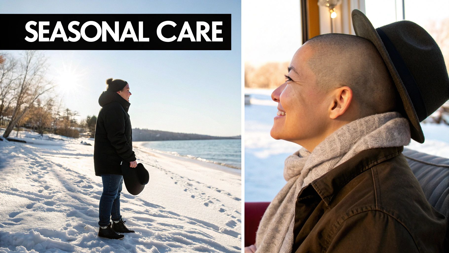 Smiling person with a shaved head and a hat, alongside a person on a snowy winter beach.