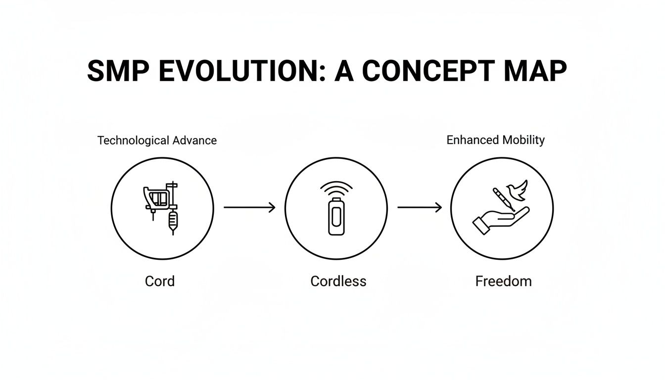 Concept map illustrating the SMP evolution from corded tattoo machines to cordless, representing enhanced mobility and freedom.