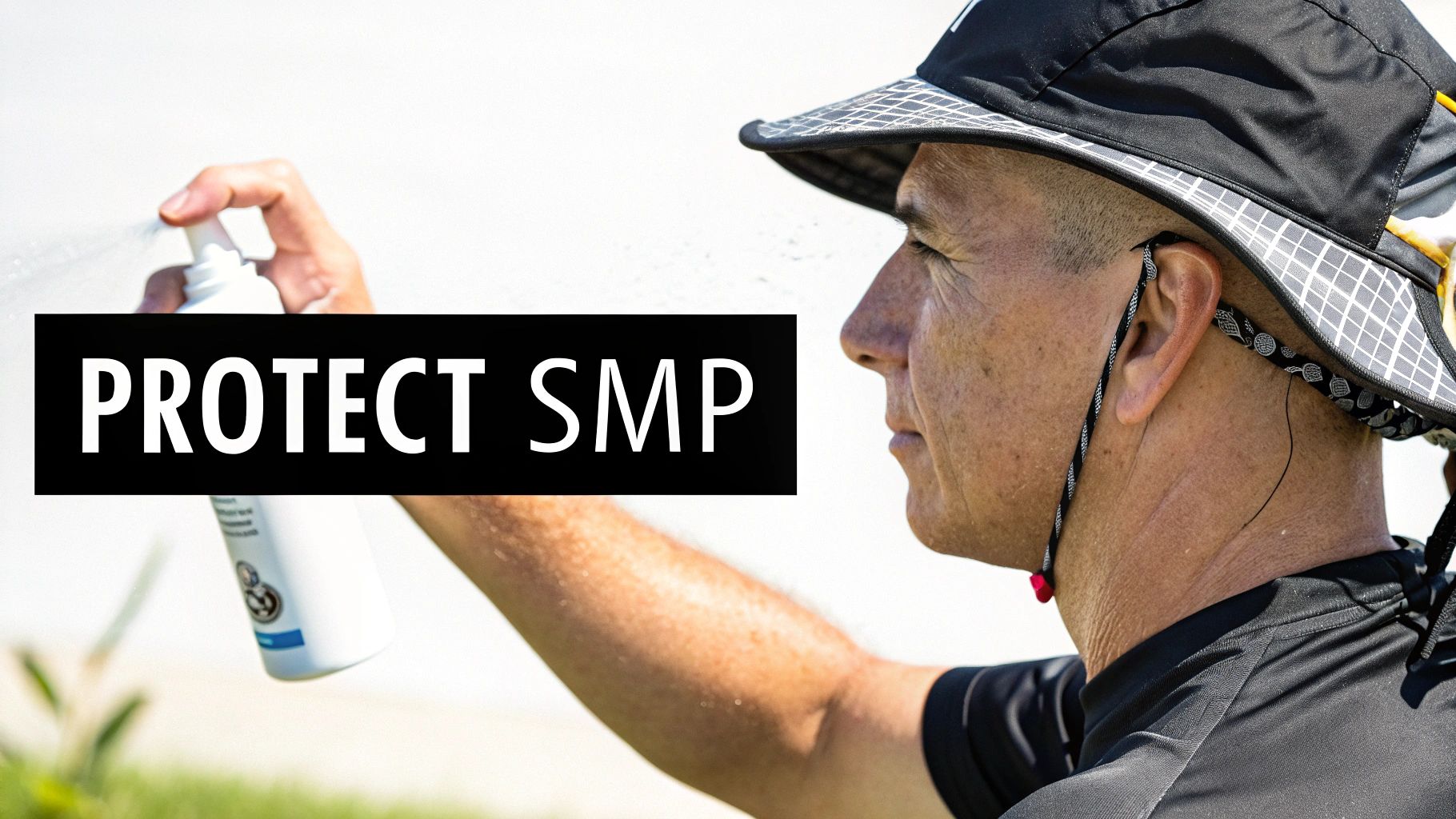 A person wearing a sun hat sprays a protective product from a bottle, with 'PROTECT SMP' text.