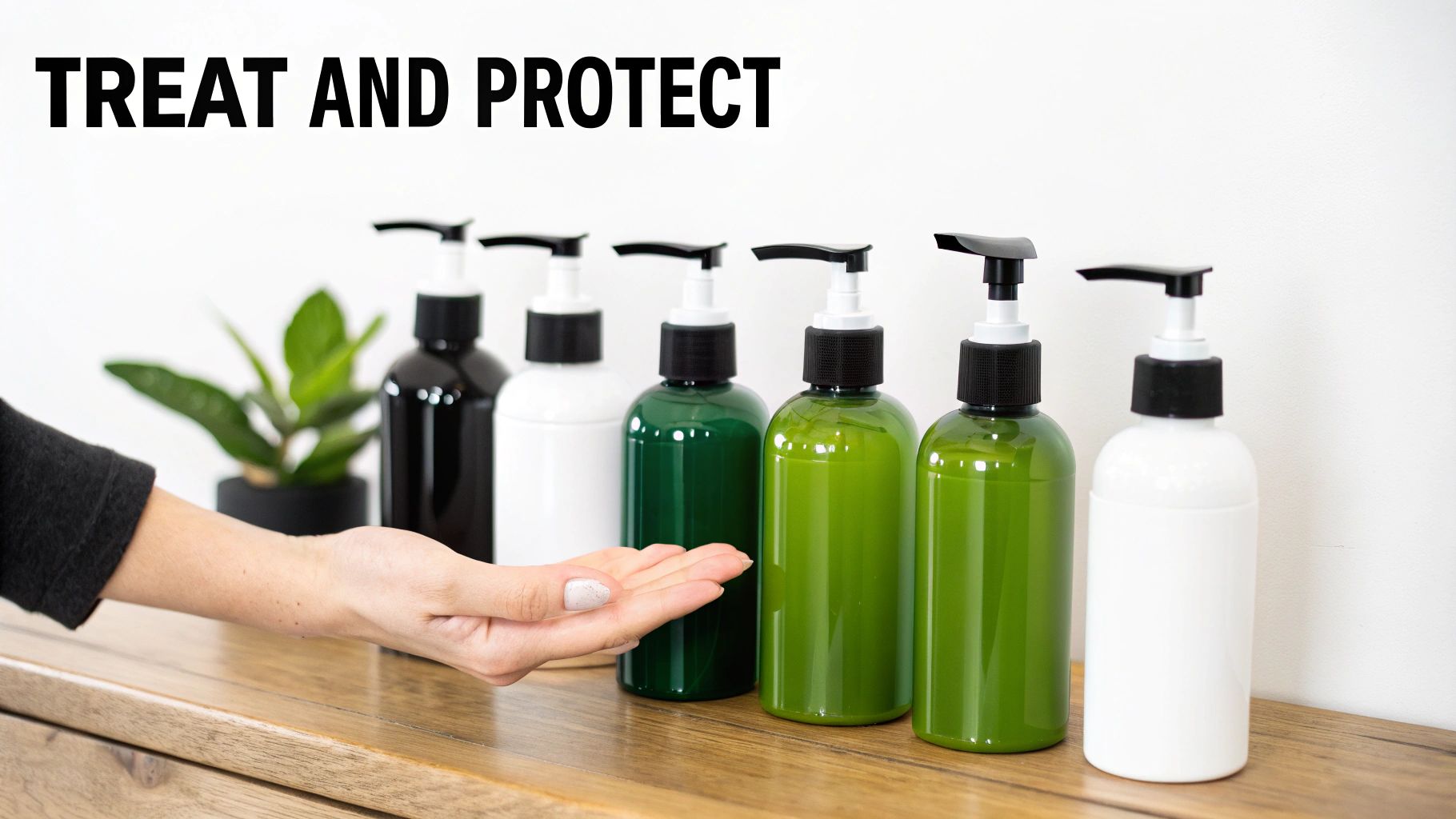 A hand reaching for six assorted pump bottles of hair care products with 'TREAT AND PROTECT' text.