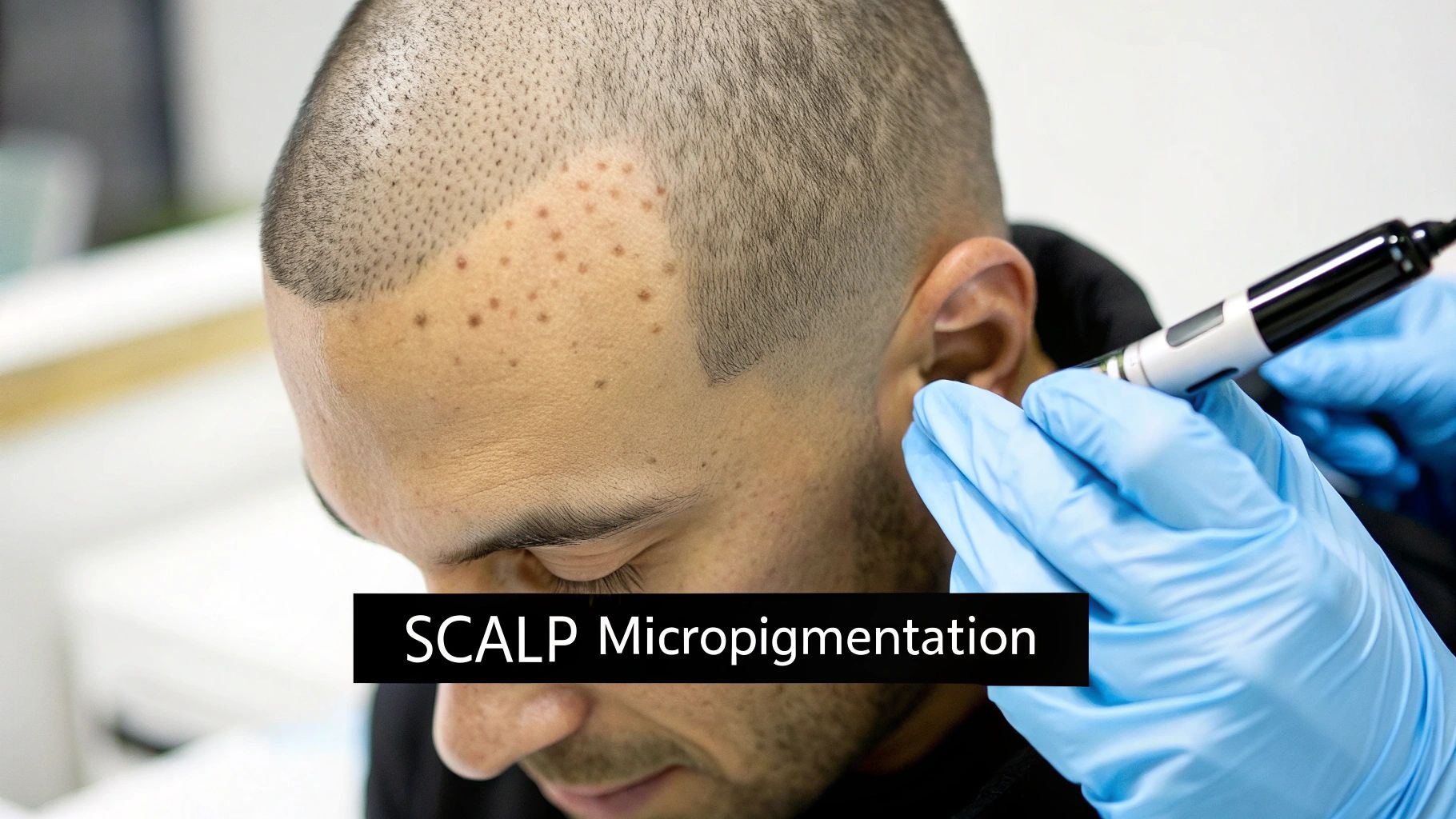 Close-up of a man receiving scalp micropigmentation, with a gloved hand applying pigment dots to his head.