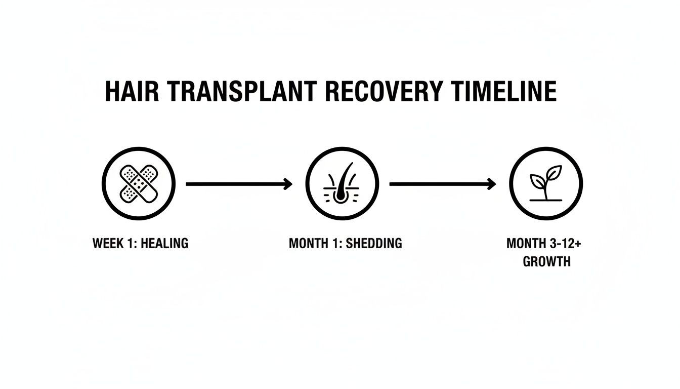 A clear timeline infographic detailing the stages of hair transplant recovery: healing, shedding, and growth.