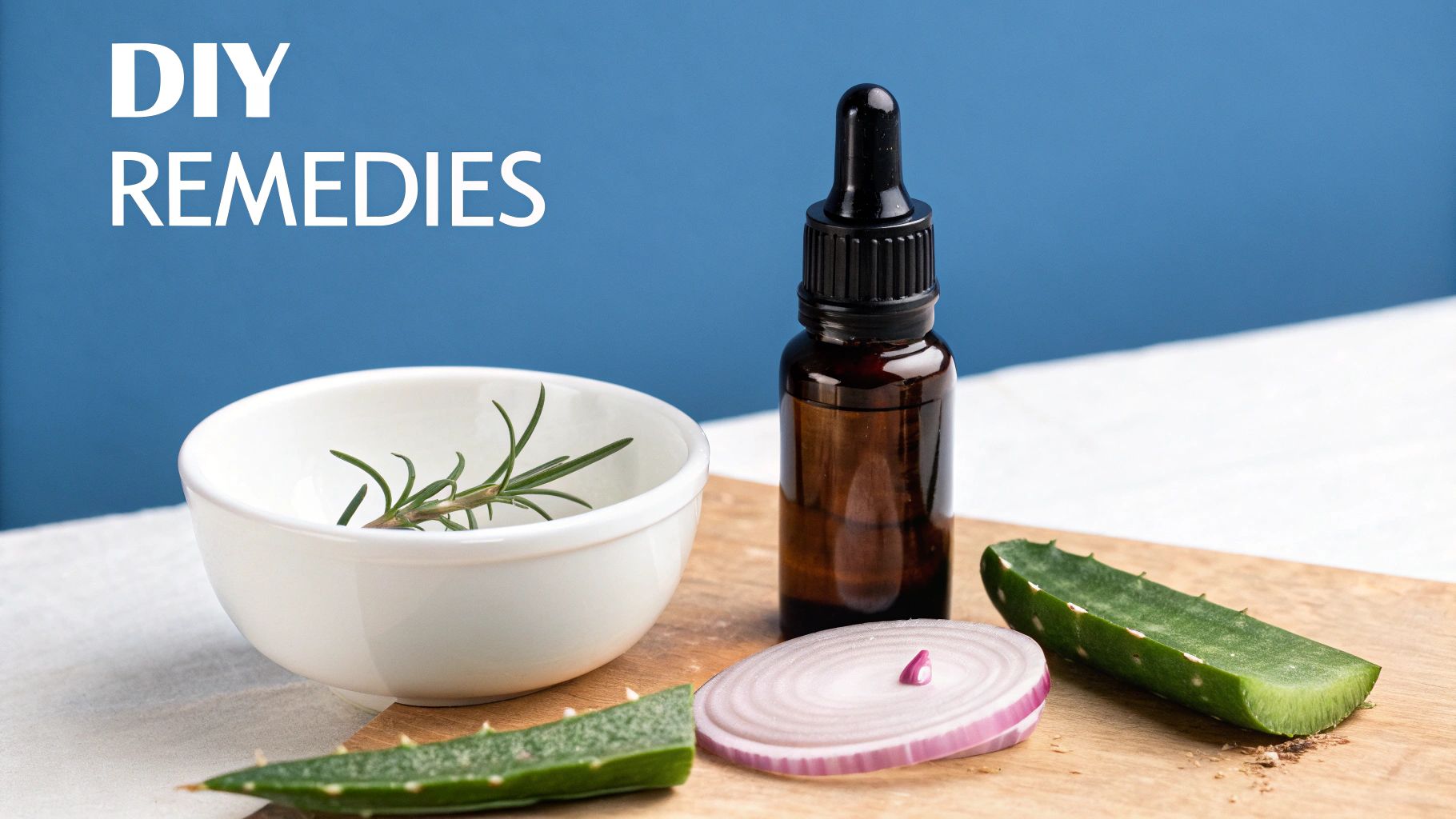 Natural ingredients for DIY remedies including aloe vera, red onion, rosemary, and essential oil in a dropper bottle.