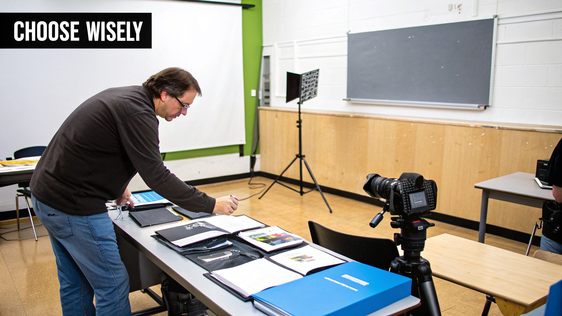 A man reviews training materials on a table with a camera setup in a classroom.