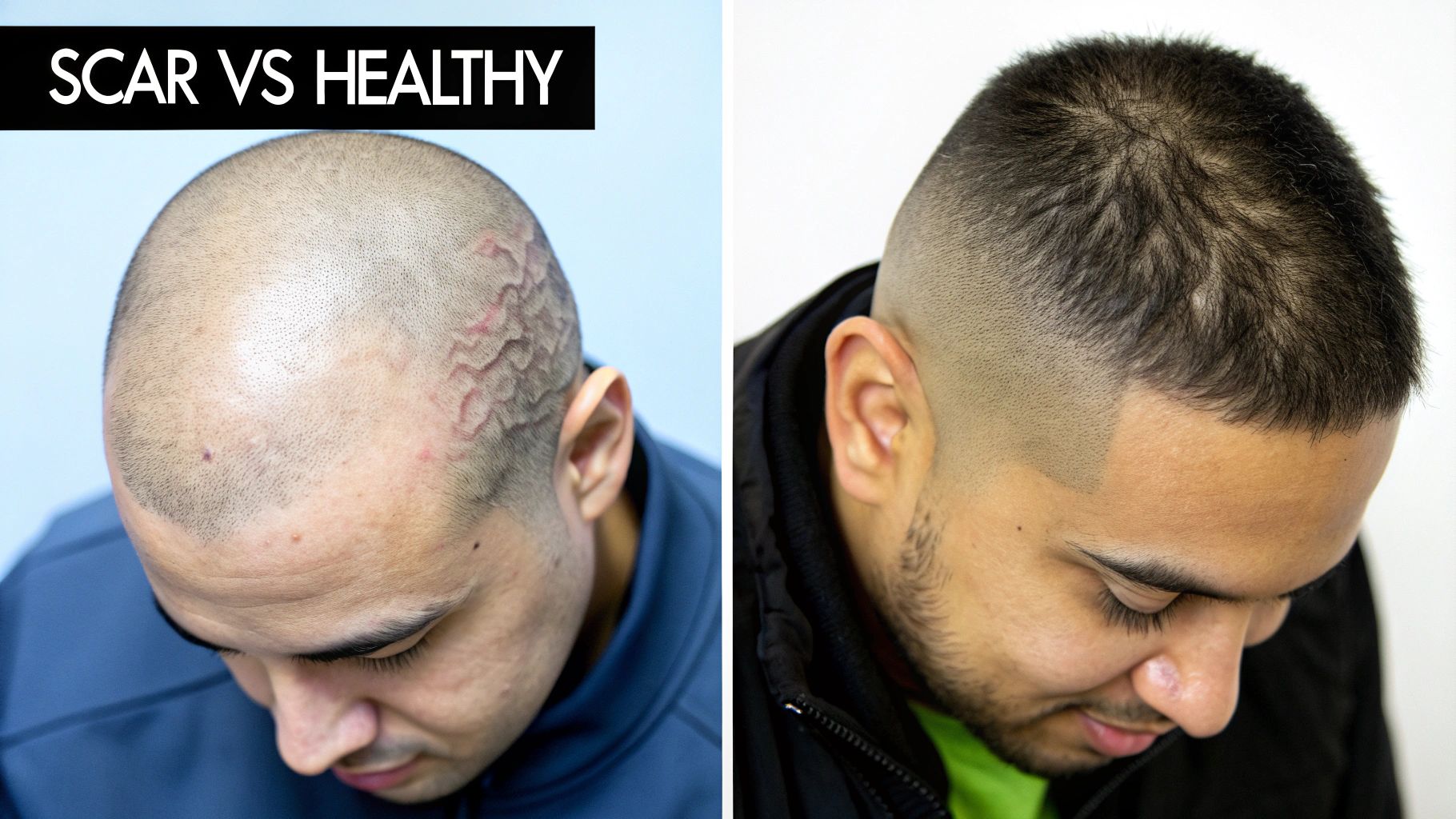 A split image comparing two men's scalps: one with prominent scars, the other with healthy hair.