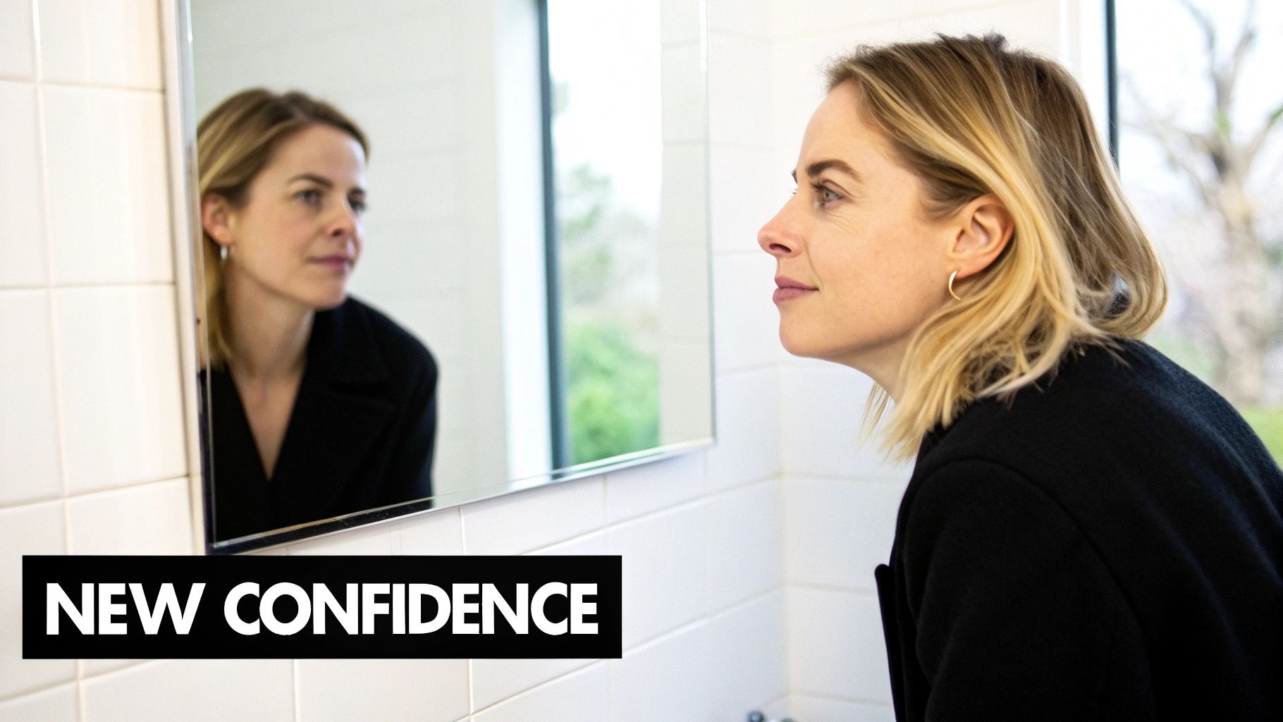 Woman with blonde hair looking confidently at mirror reflection in modern bathroom