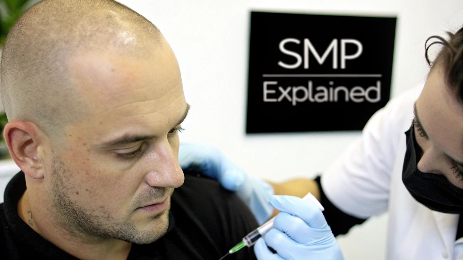 A close-up view of a hair loss tattoo, showing the detailed pigment dots on the scalp.